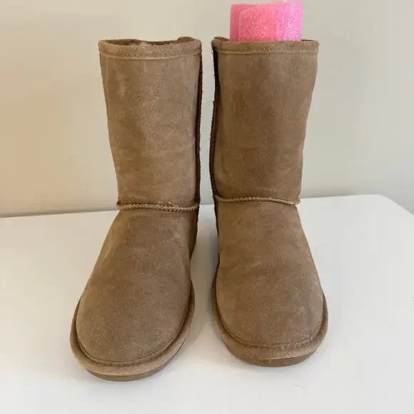 BearPaw Emma Short Boots Women 8 Brown Suede Sheepskin Wool Lined Pull On Winter - Picture 5 of 13